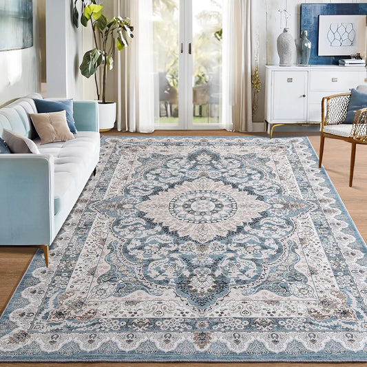Washable Vintage Polyester Area Rug With Non Slip Backing For Living Room