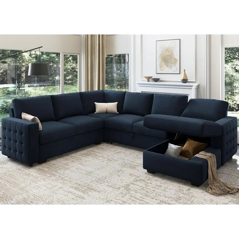 U-Shaped Sectional Sleeper Sofa With Pull-Out Bed And Storage Chaise Lounge