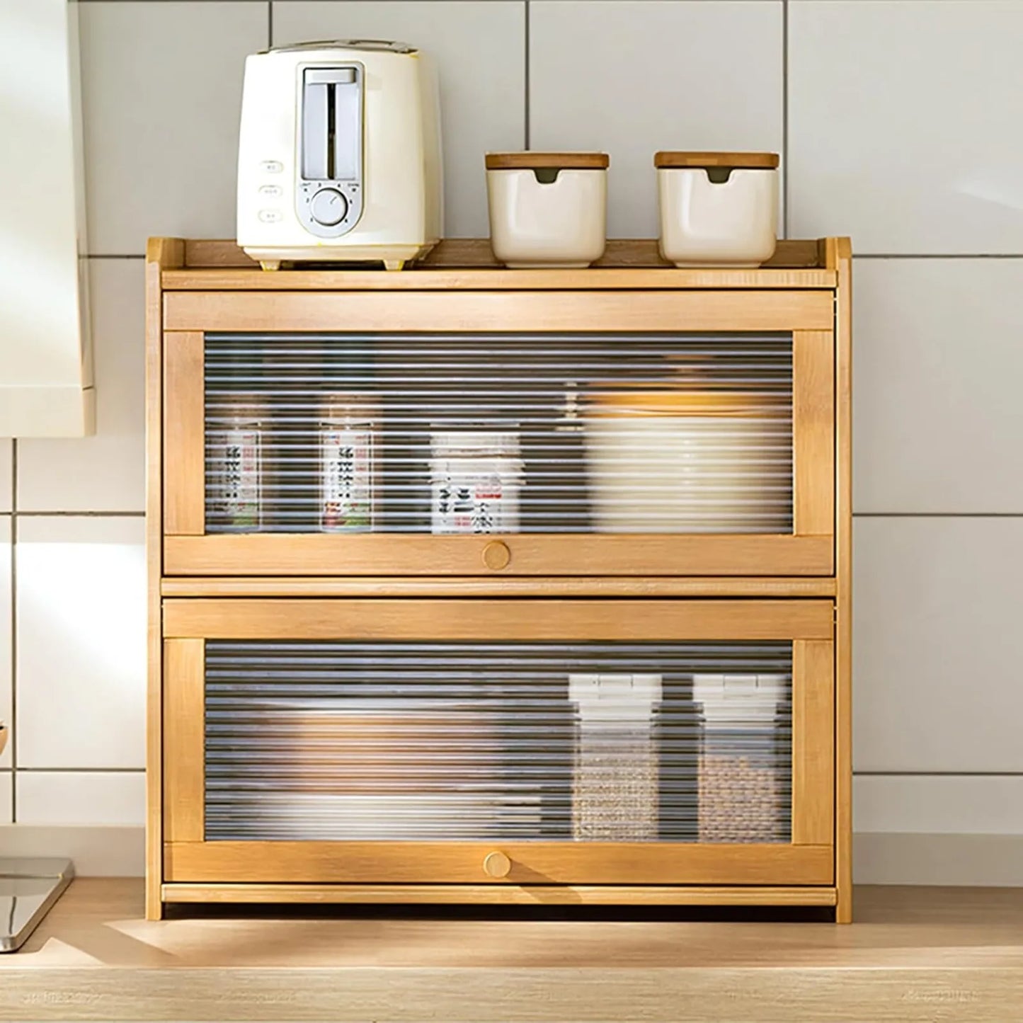 Bamboo Kitchen Storage Cabinet Countertop Organizer With Clear Sliding Doors