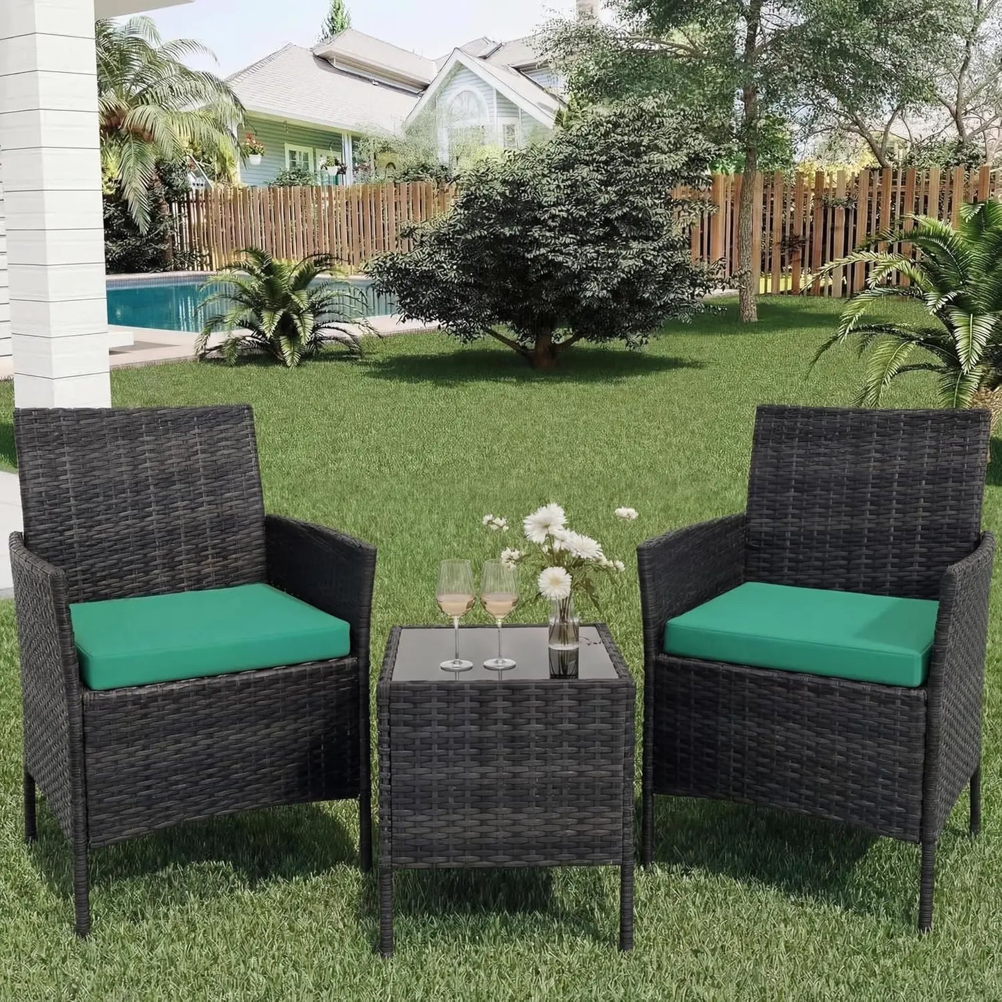 HiMISS 3-Piece Outdoor Wicker Patio Set With Glass Coffee Table