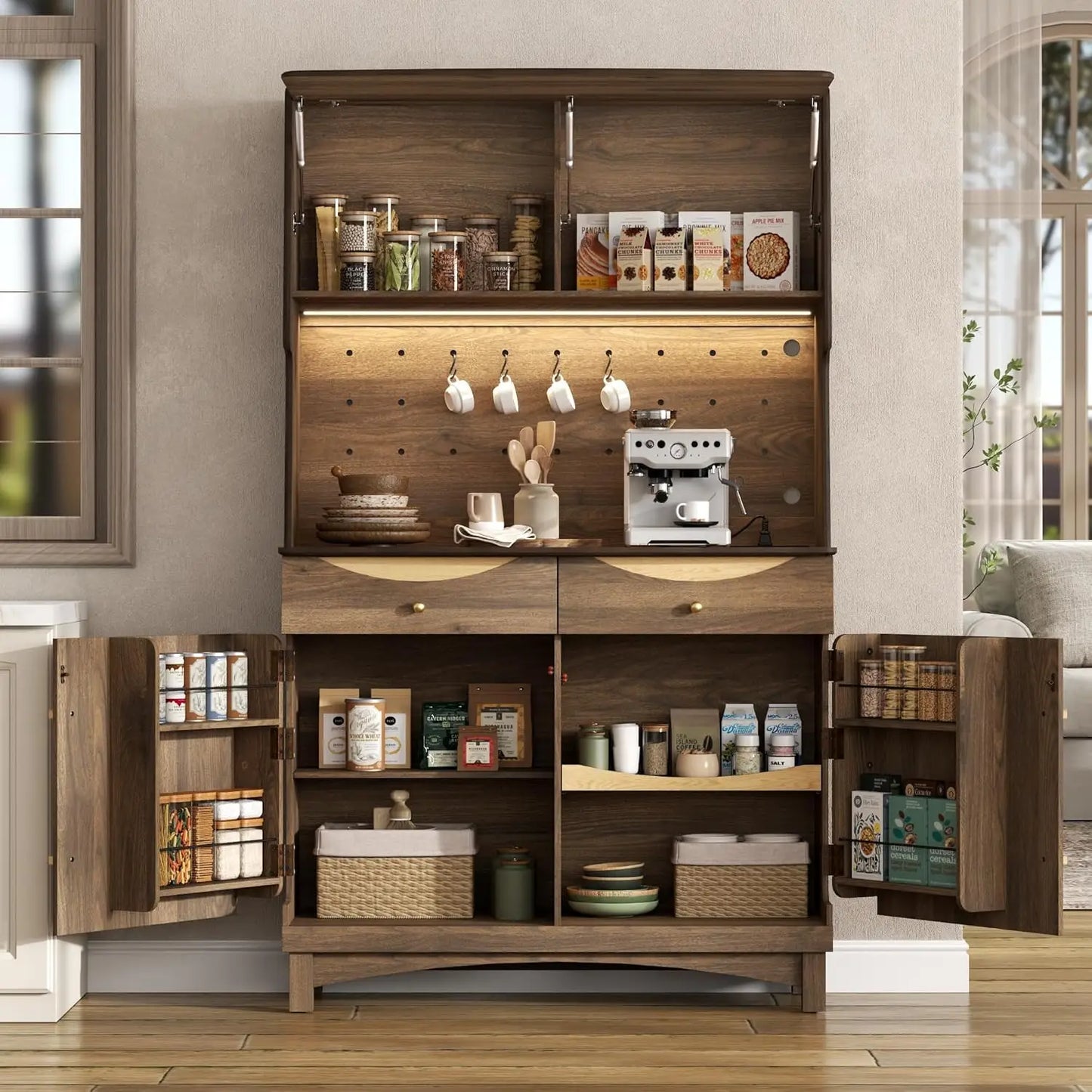 Huanzhuang Kitchen Pantry Cabinet With Power Outlets And LED Light