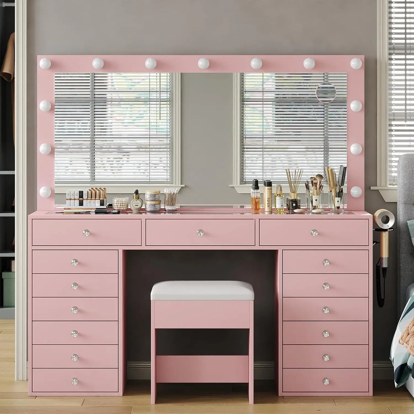 Vanity Desk Charging Station With Lighted Mirror 15 Drawers