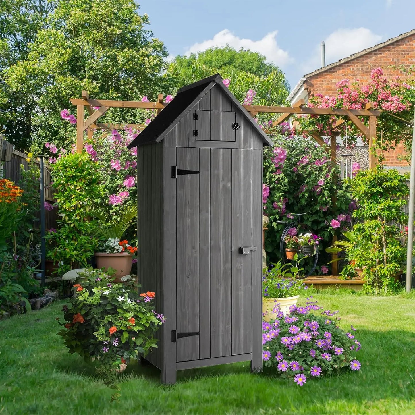 Outdoor Wooden Storage Shed, Garden Shed Outside Tool Cabinet with Safety Latch, Patio Storage Organizer, Customized