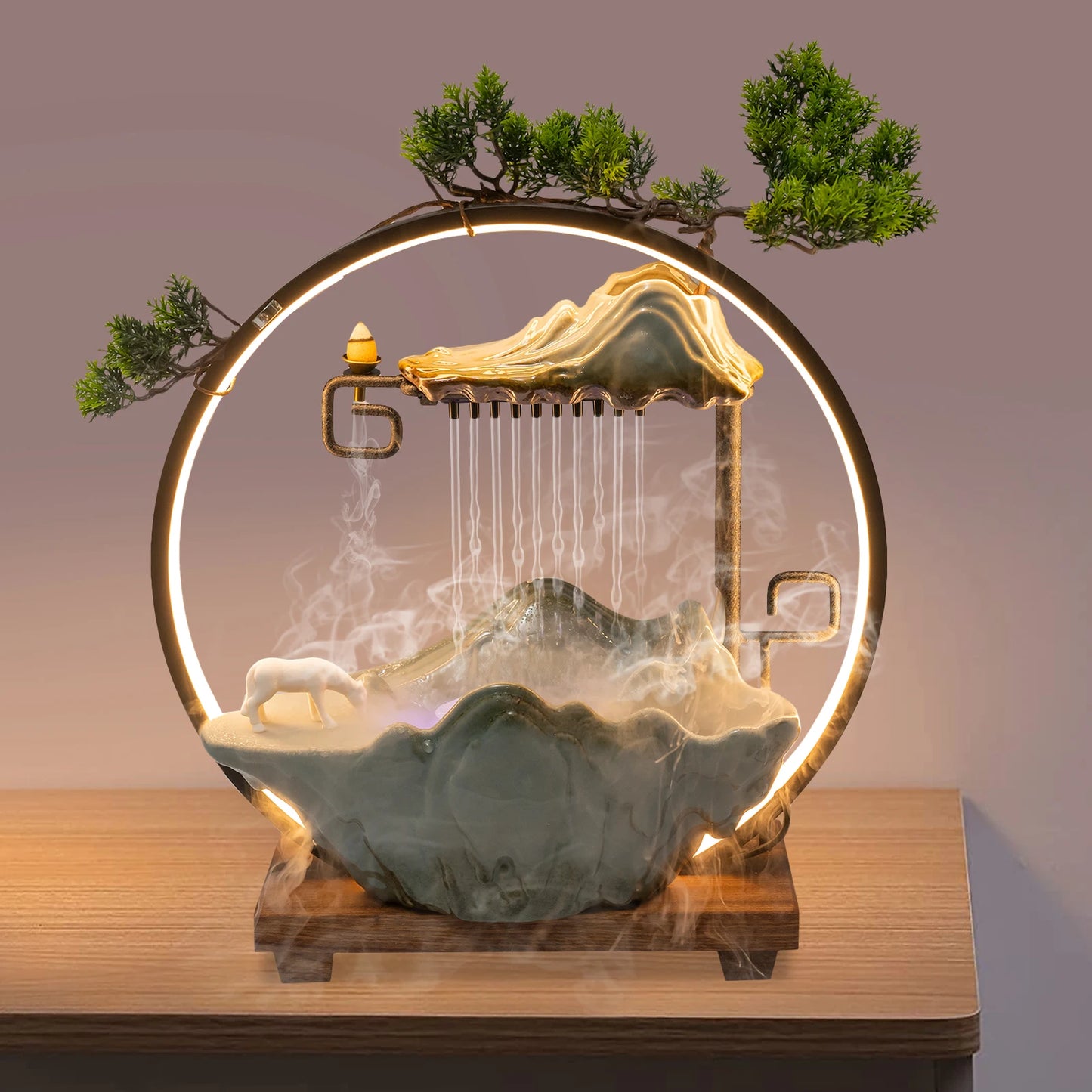 Indoor Tabletop Water Fountain With Mist And LED Feng Shui Home Decor