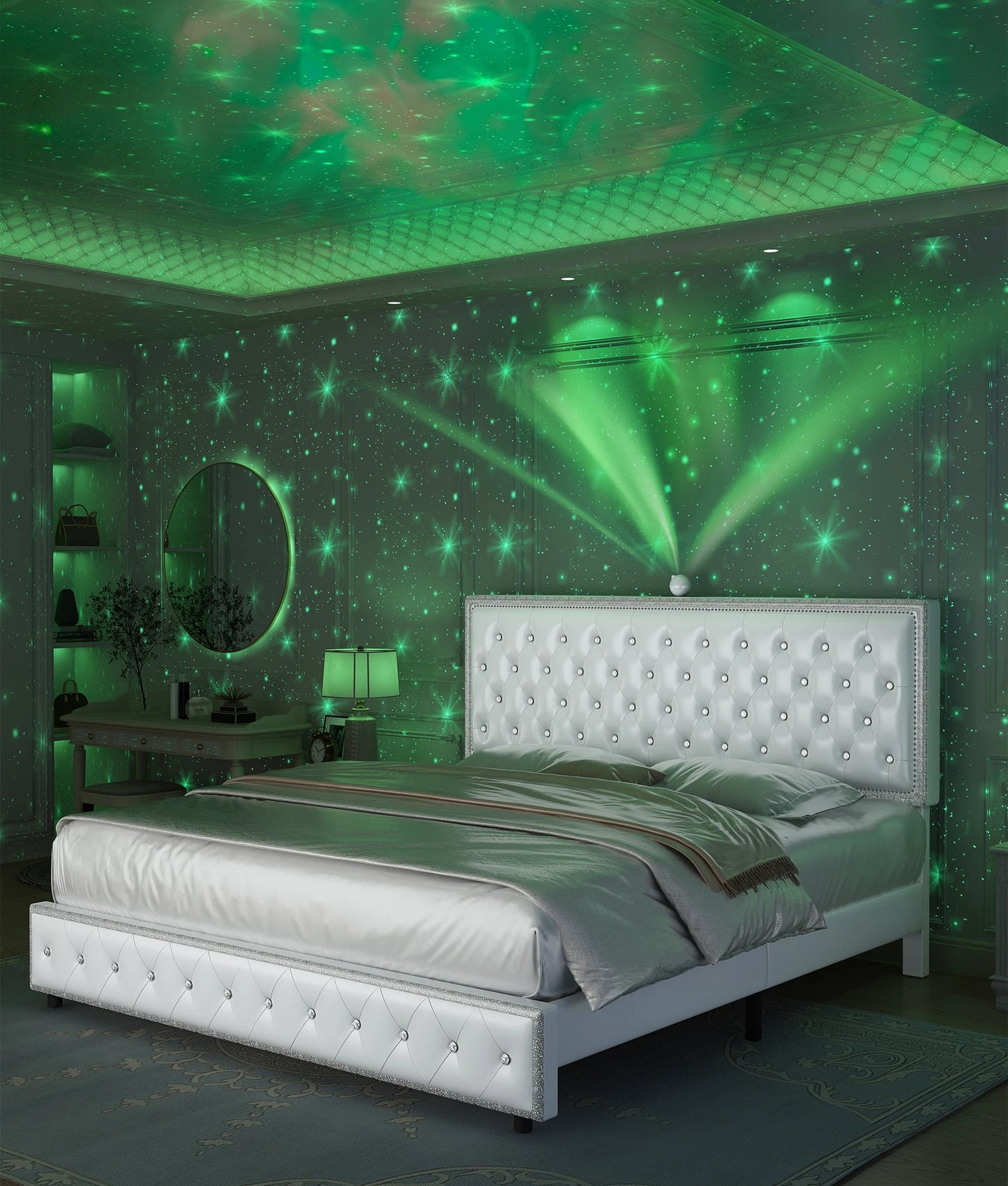 GEGOFORU LED Bed Frame With Galaxy Projector Rivet Trim Headboard