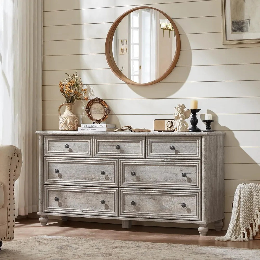 Farmhouse Dressers and Nightstand Set of 3, Wood 54" Wide 7 Drawer Dresser 14'' Narrow Side Table with Charging Station, Roman C