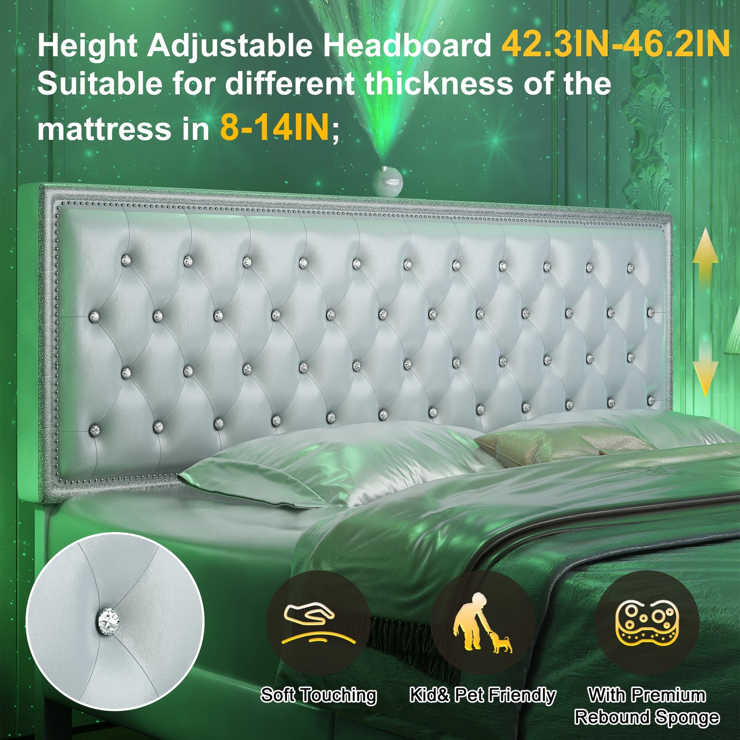 GEGOFORU LED Bed Frame With Galaxy Projector Rivet Trim Headboard
