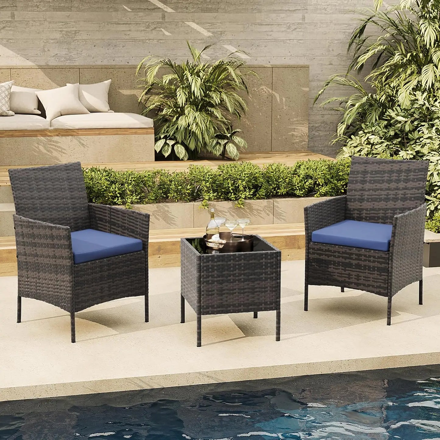 HiMISS 3-Piece Outdoor Wicker Patio Set With Glass Coffee Table