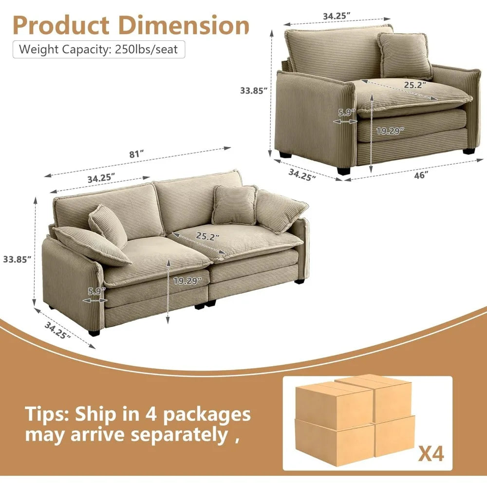 ZHUXIANG Modular Sectional Sofa Set With Loveseat And Chair