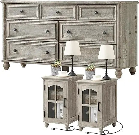 Farmhouse Dressers and Nightstand Set of 3, Wood 54" Wide 7 Drawer Dresser 14'' Narrow Side Table with Charging Station, Roman C